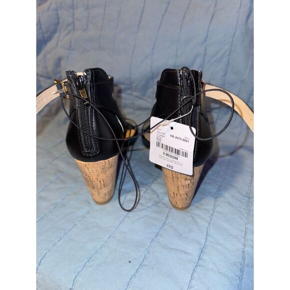 Liz Claiborne Black Cork Wedge Sandals Memory Foam Ankle Strap Summer Heels - Picture 2 of 5